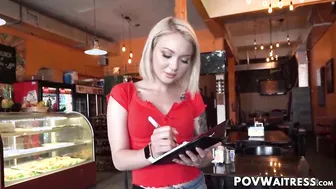 Blonde waitress Dakota Skye ride dick pov for cum facial