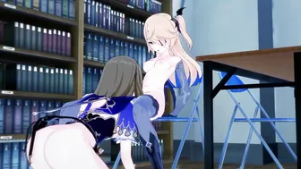 Lisa fucking Fischl inside library with strap-on. Lesbo Anime.