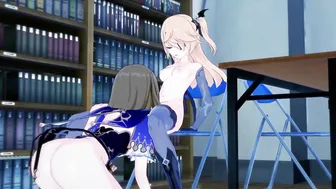 Lisa fucking Fischl inside library with strap-on. Lesbo Anime.