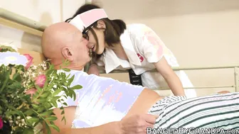 Teeny nurse working on old patients throbbing cock