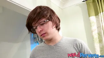 Nerdy gamer sucked skillfully by a cute babe with glasses