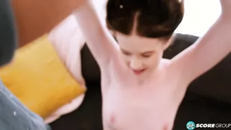 Skinny 18-year-old brunette flattie talks about her kinks and cums on a big cock.
