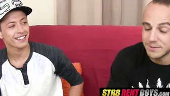 Tattooed stud gets a blowjob from his little twink bud