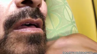 Hairy stud oils his big throbbing dick up to stroke it solo