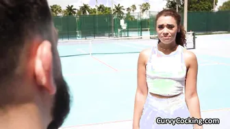 Curly ebony spinner gets on cock after tennis