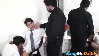 Hairy mature man has raw fucking threesome with twinks