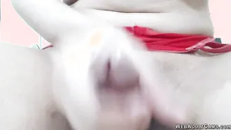 Busty trans wanks off and cums solo on webcam