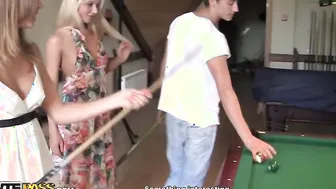 Busty hottie works two cocks at college fuck party