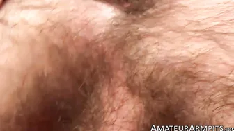 Hairy and sexy amateur jerks off while sniffing his armpits