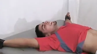 Ticklish and sexy soccer player is bound on the table