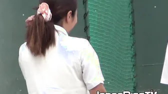Naughty Japanese schoolgirls pissing in secret public place