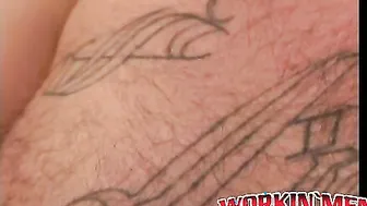 Inked homosexual man plays with his hairy dick and cums