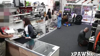 Big breasted MILF doggystyled in the pawnshop for cash