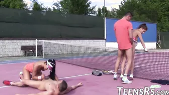 Skinny teen sluts fucked hard outdoor on a tennis court