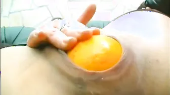 Mature fucks ass and cunt with fruits