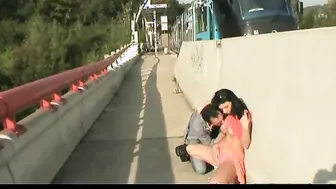 Brunette gets cock in public place