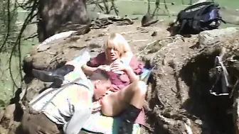 Blonde waitress has huge drilling in the mountains from guy