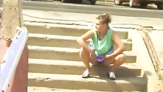 Dame peeing on stairs