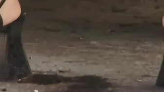 Busty whore pisses outdoor