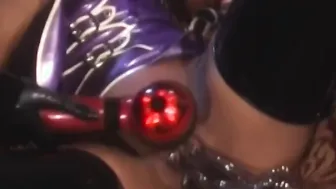 Busty latex vixen dominates young dark skinned babe