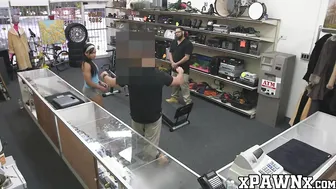 Petite babe fucks in pawnshop after demonstrating a workout