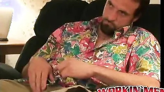 Experienced mature guy strokes his dick and cums solo