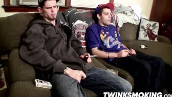 Sexy twinks Drac and Nolan jerking off while smoking cigars