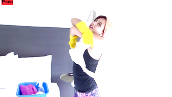 Short hair maid Rosa Roca eats her boss fat cock for lunch and rides it good