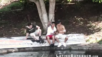 Two Latinos and a white guy fuck in bareback threesome