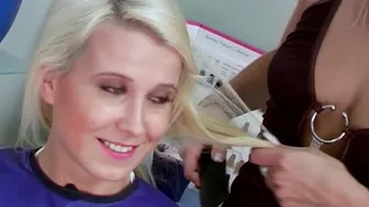 Silky smooth girls kiss lick their pussies and fuck a dildo