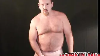 Chubby guy masturbates and shoots big load on a dinner plate
