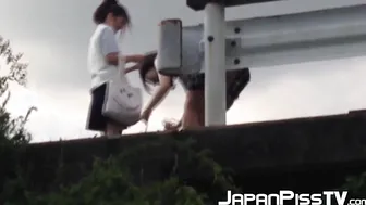 Schoolgirls from Japan peeing while taking a hike