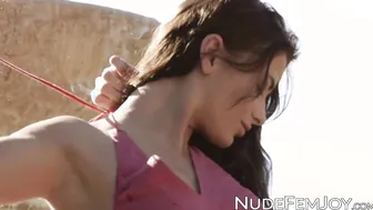 Slow Mo porn video – Natural babe beauty teases hard by the fountain solo