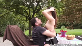 Young babe has her pussy banged doggy style by a grandpa