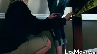 Lovely stepdaughter eats MILF out and fingers her wet pussy