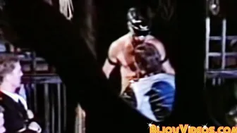 Submissive stud receives blowjob in retro threesome