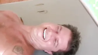 Horny mature guy tied up and tickled hard by two friends