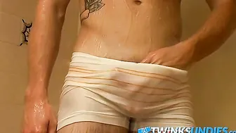 Jock takes a shower and masturbates over his undies solo