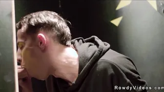 Gay janitor sucks big cock in glory hole booth