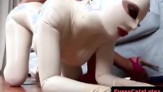 Kitten costume Latex Lucy spanked hard licks spilled milk