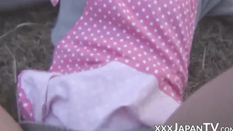 Playful Japanese babe takes it balls deep in her hairy pussy