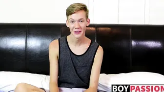 Skinny twink wanks his long cock until he explodes his jizz