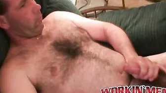 This dudes hairy chest is in your face while he jerks off
