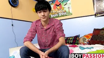 Horny emo twink interviewed on cam then jerks off