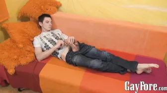 Slim twink Eryk wanking off big foreskin covered dick hard