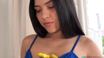 Mia is small but her ass is nice and thick. She spreads her wet pussy before taking out her favorite dildo.