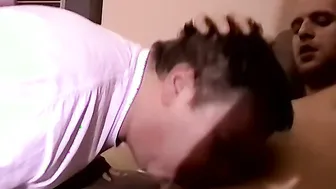 Twink jerks his cock and delivers a cumshot on dudes face