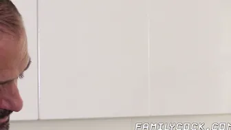 Daddy tests stepsons cocksucking skills in the kitchen