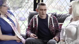 Big breasted GILFs enjoy steamy threesome with a young guy