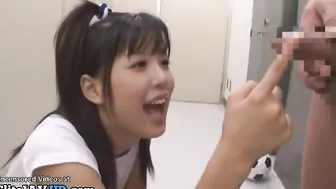 Japanese college teen helps horny friends to cum